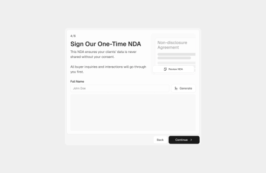 A UI prompting users to sign a non-disclosure agreement (NDA) before accessing confidential business information.