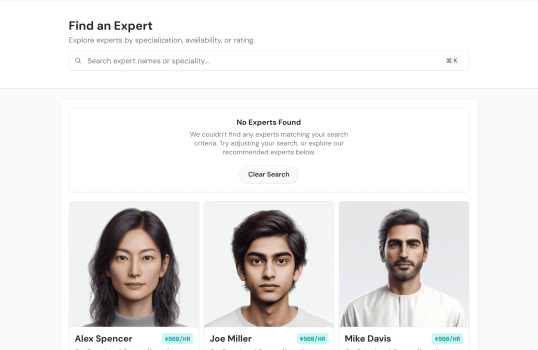 A UI for searching experts by name or specialization, displaying recommended experts with hourly rates when no matching results are found.