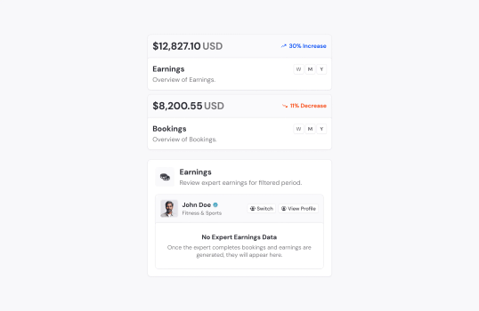 A financial overview interface displaying expert earnings and bookings, including performance trends and profile switching options.