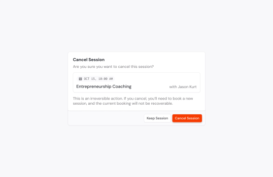 A modal prompting the user to confirm or cancel an entrepreneurship coaching session with a warning about its irreversibility.