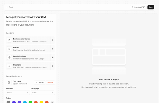 A customizable document builder allowing users to add business metrics, Google reviews, and other sections to a Confidential Information Memorandum (CIM).