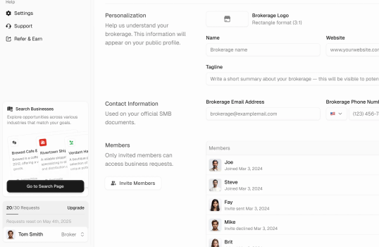 A brokerage settings screen with fields to set name, tagline, contact info, and invite team members.
