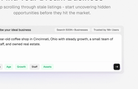 A screen showing a user typing a description of their ideal business, including growth and staff preferences.