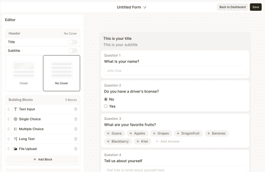 A form builder interface with multiple question blocks including text input, single choice, and file upload options.