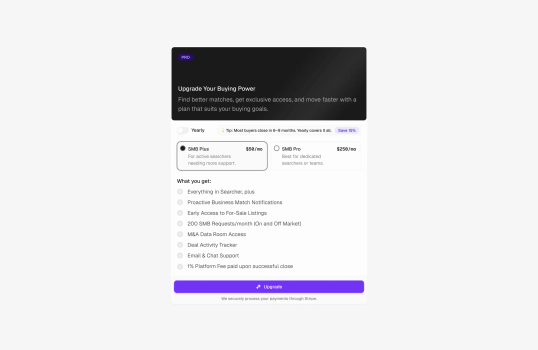 A pricing screen comparing SMB Plus and SMB Pro plans with features and a yearly discount option.