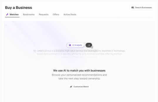 A matches screen using AI to suggest ideal businesses with a call to action for AI analysis.