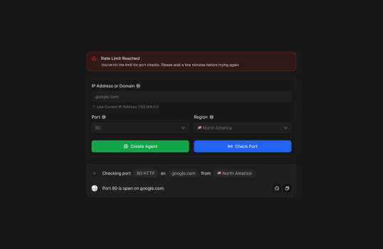 A dark-mode screen showing an error about rate limit for port checks with IP, port, and region inputs.