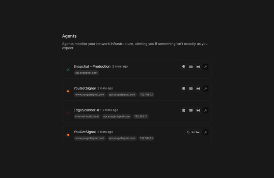 A list of monitoring agents showing their statuses, targets, and connection info in dark mode.