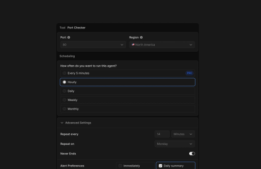 A dark interface allowing the user to configure how often a monitoring agent should run with advanced settings.