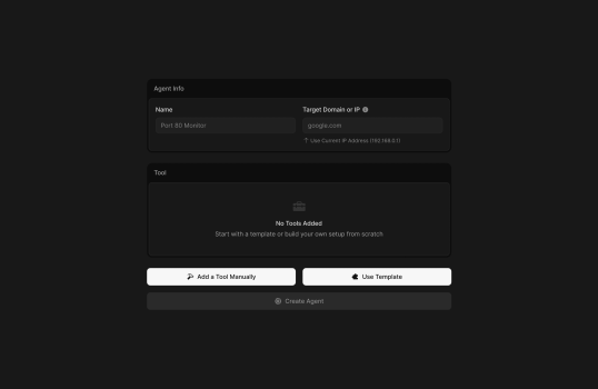An empty state in dark mode for creating a new monitoring agent with options to add tools manually or use a template.