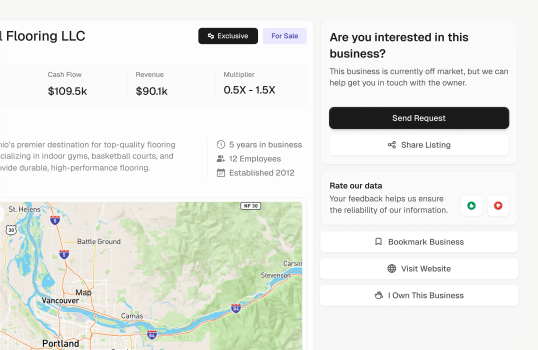 A business profile page displaying financial metrics such as cash flow, revenue, and valuation multipliers, along with a contact option.
