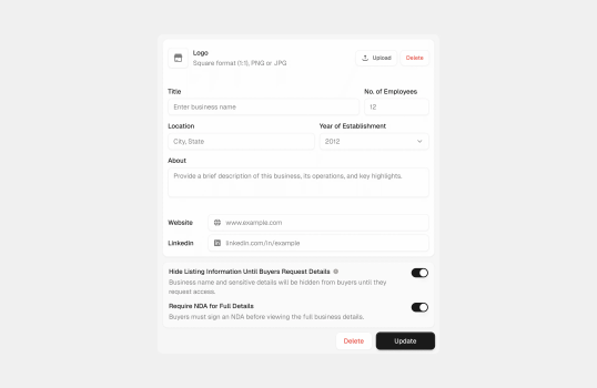 A form interface for editing business details, including name, location, number of employees, and privacy settings.