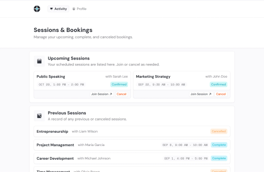 A scheduling system showing upcoming and past booked sessions with different professionals, along with confirmation statuses.