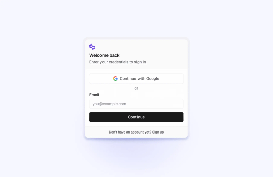 A minimalistic authentication UI with options for signing in via Google or email.