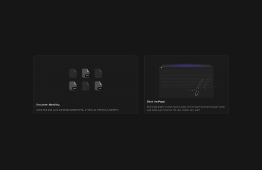 A dark-themed UI highlighting digital document handling and online signing for agreements.