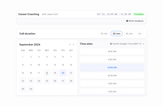 A calendar-based interface allowing users to select a time slot for career coaching sessions.