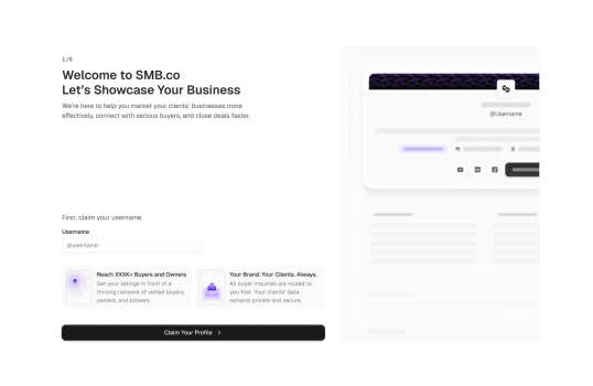 An onboarding page guiding users to claim their business profile and showcase their brand to potential buyers.